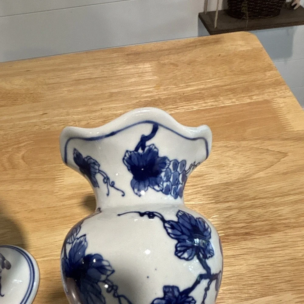 Vintage Pair Blue & White Ceramic Vases Grapevine Pattern Glossy